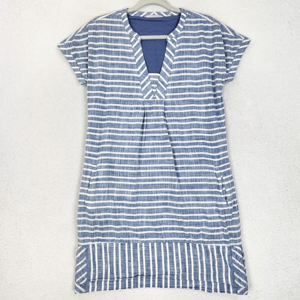 Athleta Dress Womens Medium Blue Striped Barbados V Neck Cotton Shift Casual